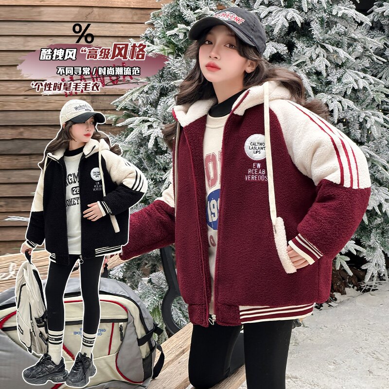 亲子装一件过冬圆标韩系拼色加绒巨厚款学生简单连帽棉袄毛毛衣