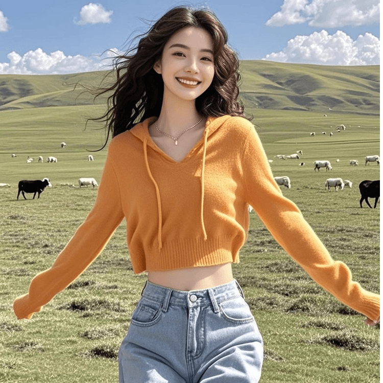 2024早秋新款高级感慵懒风橘色连帽毛衣针织衫女休闲减龄短款上衣