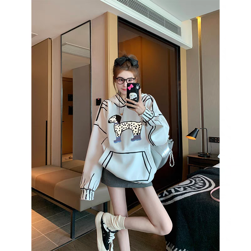 白色时尚连帽卫衣女春秋设计感小众美式复古宽松慵懒风套头卫衣潮