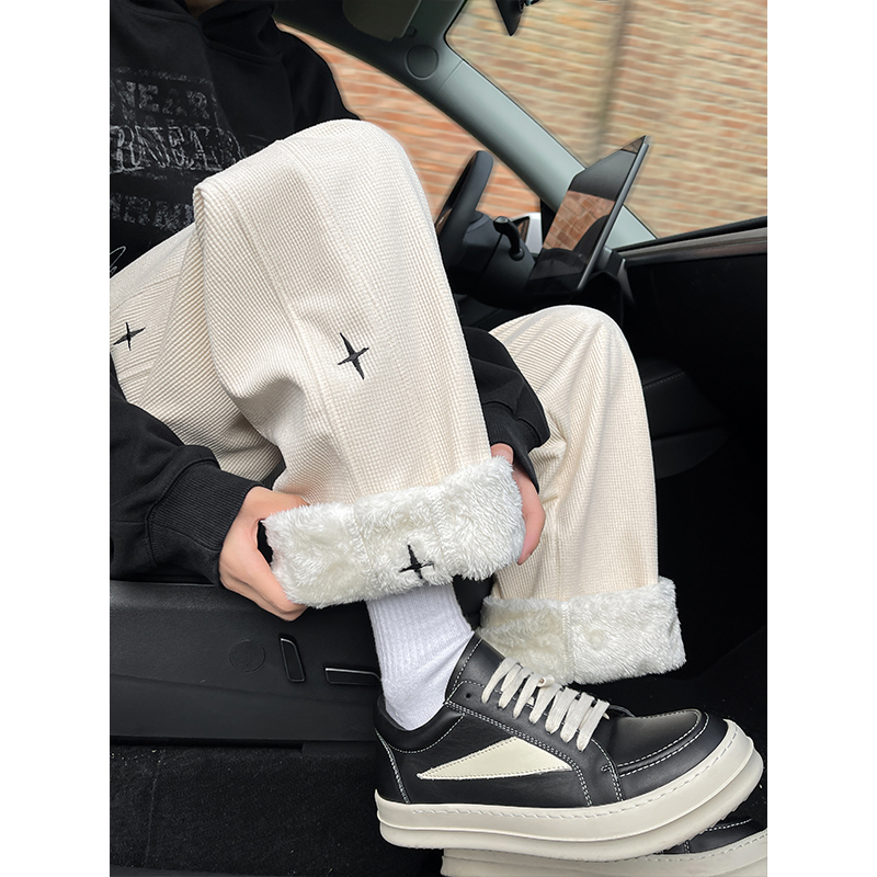 美式vibe重磅加绒加厚休闲卫裤男士秋冬高街潮牌宽松直筒运动裤子