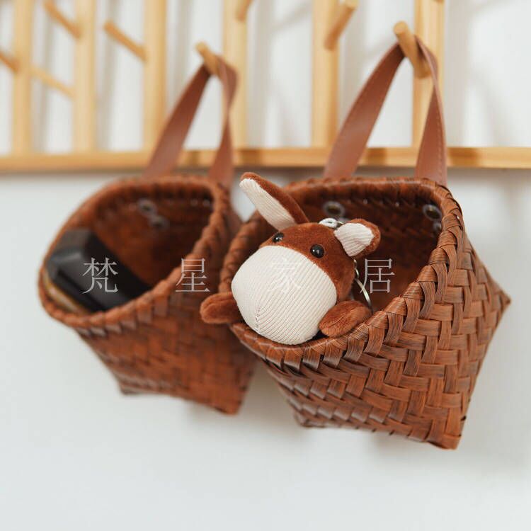 两个装小蒜框pu提手手工壁挂收纳筐