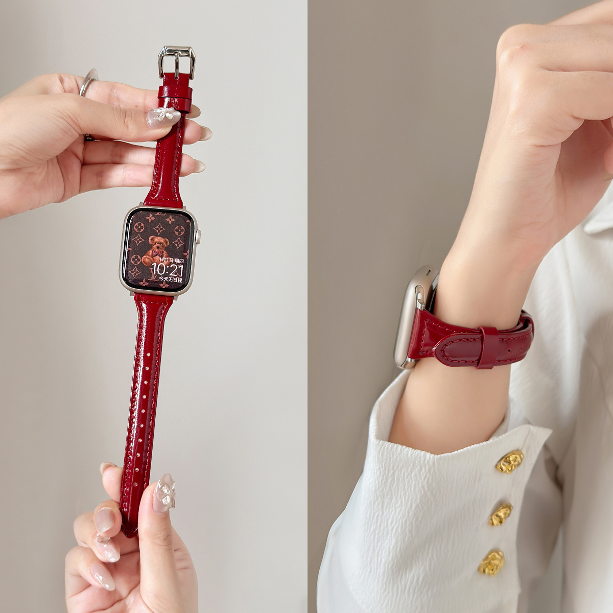 高级酒红小蛮腰s10华强北s9表带苹果appleiwatch11细款真皮质适用