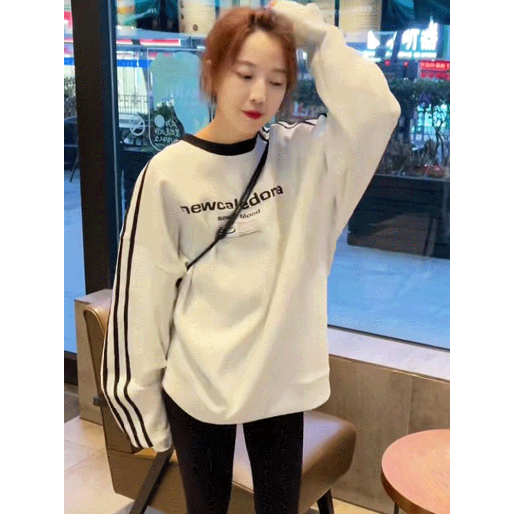 高含棉美式圆领卫衣女2026春秋新款印花宽松慵懒风通勤百搭上衣