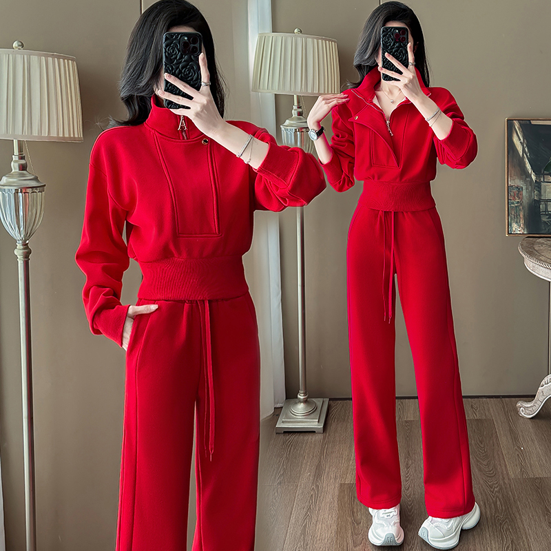 红色短款收腰卫衣套装女2025网红爆款曳步舞时髦休闲运动服两件套