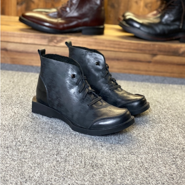 女式短靴裸靴拉丝纹牛皮女靴休闲百搭复古潮流日系春秋单皮平底