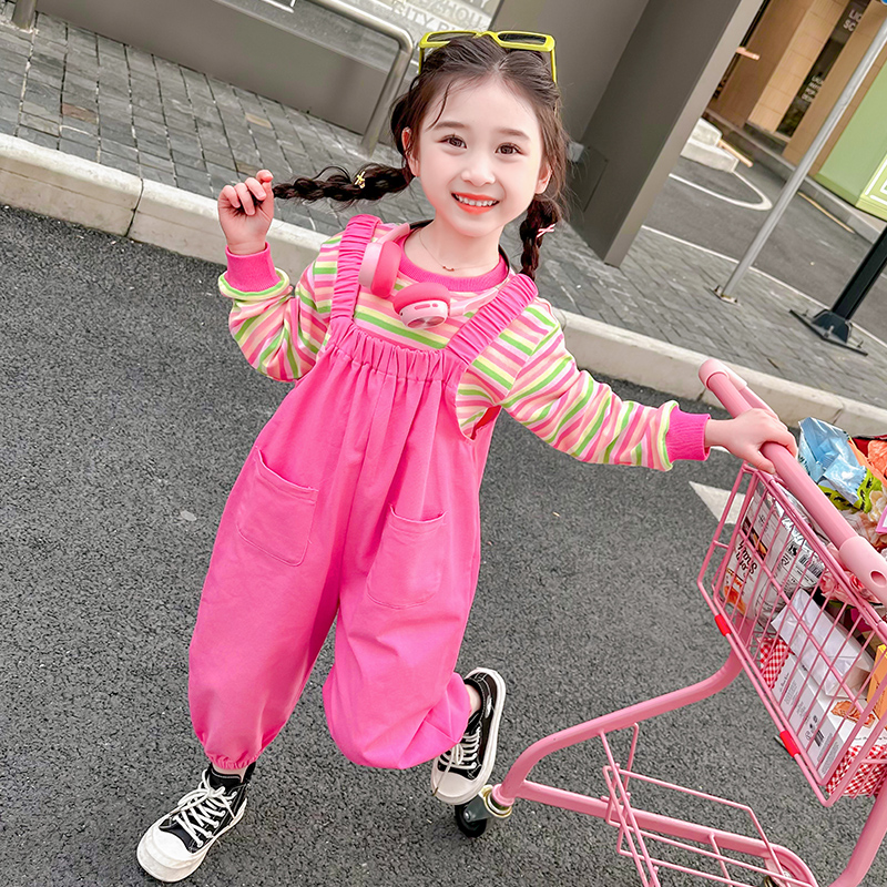 女童背带裤套装2025新款儿童春秋装条纹休闲女宝宝春季韩版两件套