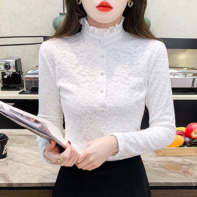 上衣高领蕾丝打底衫冬季新款妈妈半高领加绒加绒加厚洋气打底衫