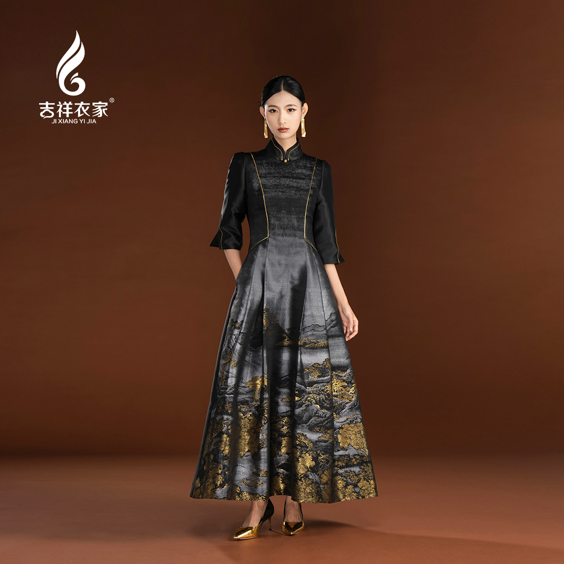 依诗取兴连衣裙中国风复古长款显瘦气质设计师时尚943237164