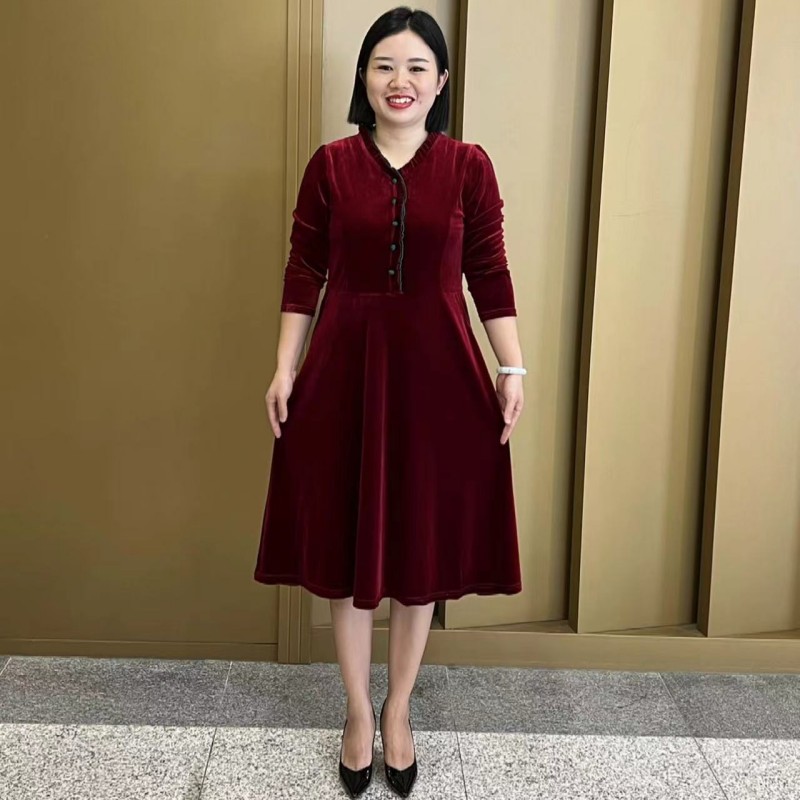 3706秋季新款木耳领金丝绒修身显瘦气质连衣裙
