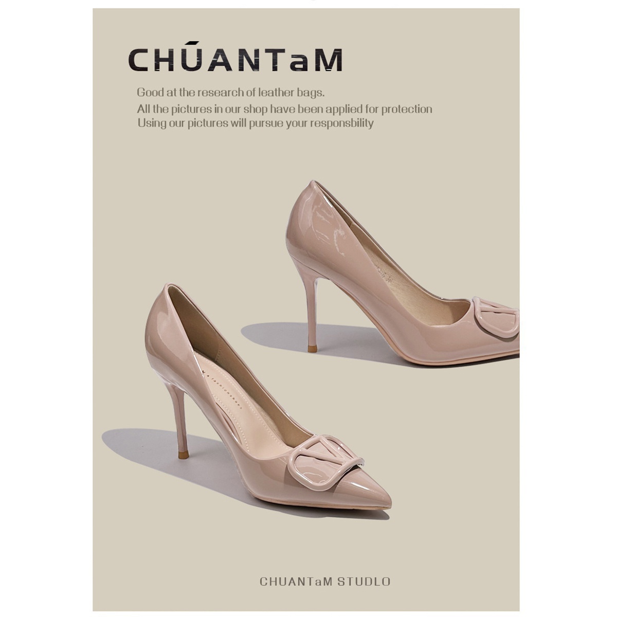 设计感爆款气质百搭时尚职业V扣小众裸色漆皮浅口尖头细跟高跟鞋，