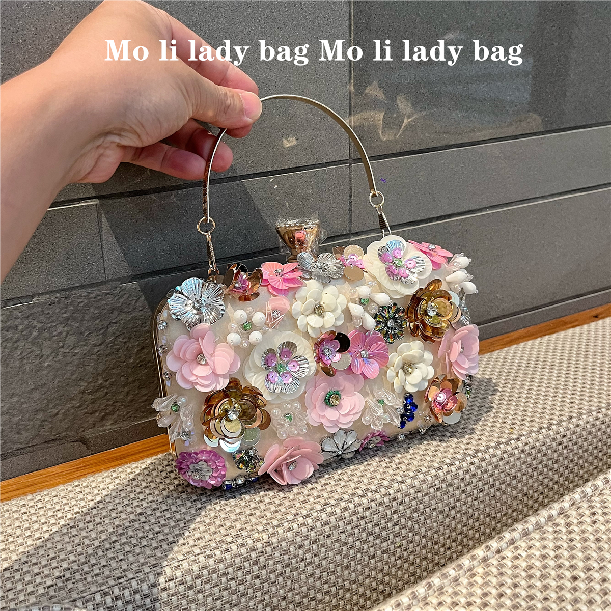 粉色立体花朵包晚宴包礼服镶钻走秀款包高级感迷你手提包小方包女