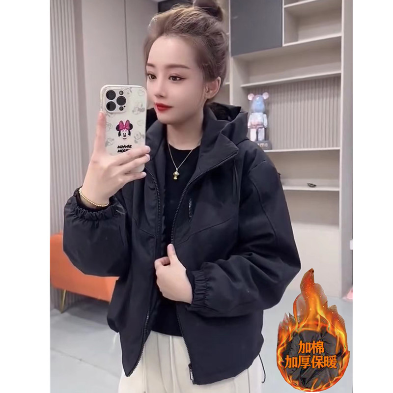 短款夹棉外套女2025秋冬新款双拉链加棉冲锋衣休闲时尚小个子棉衣