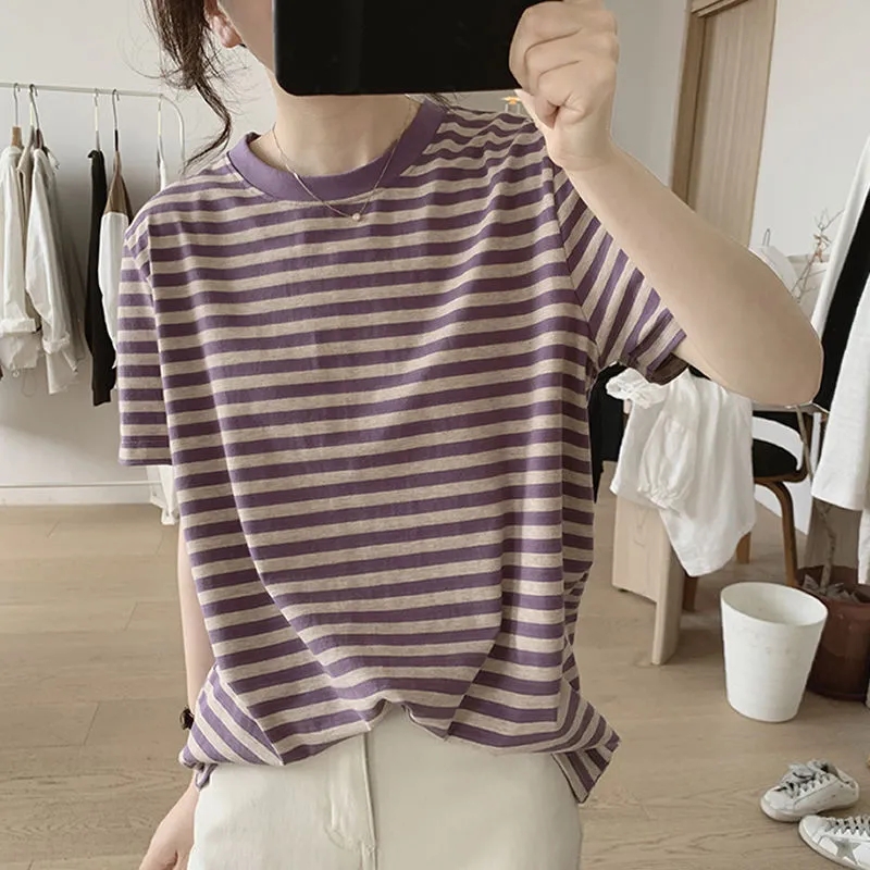 纯棉条纹t恤女夏季新款宽松显瘦简约圆领基础款减龄韩版短袖