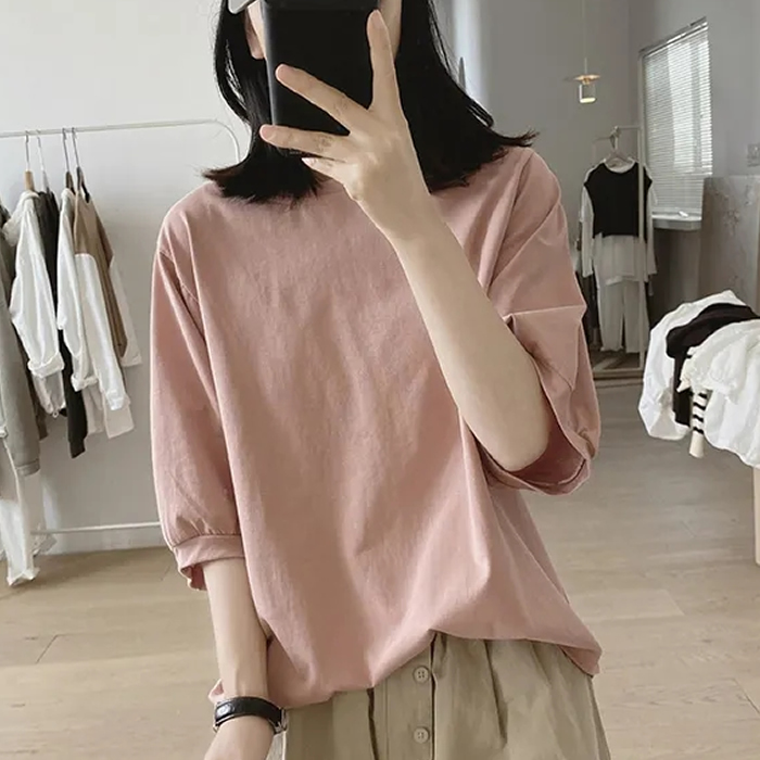 纯棉灯笼袖五分袖T恤女夏季新款宽松设计感显瘦圆领简约基础款
