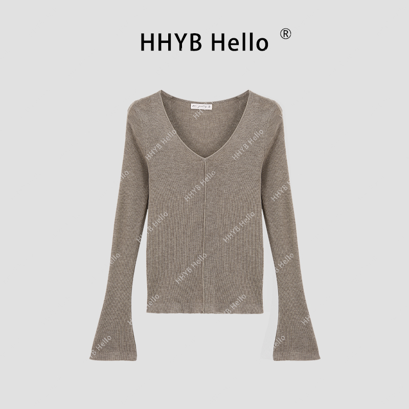 【YD】2024新款百搭修身显瘦v领喇叭长袖针织衫M777