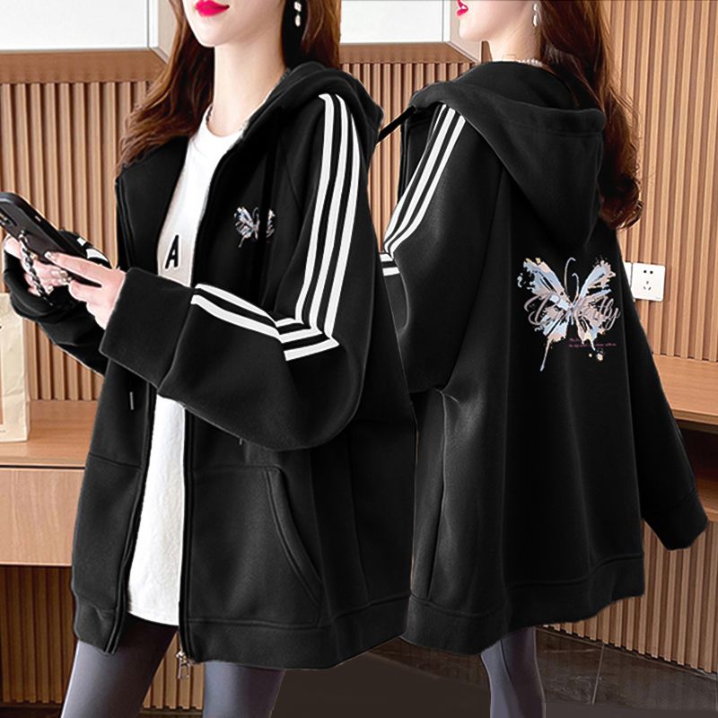 胖mm大码条纹拼接设计感纯棉连帽卫衣女春秋季新款中长款上衣外套