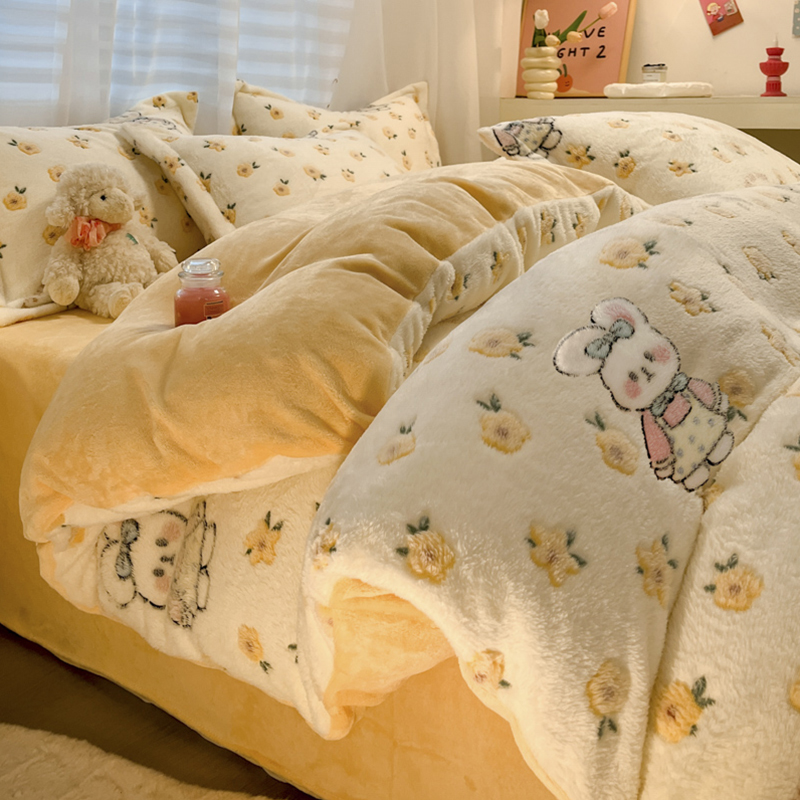 冬季加厚牛奶珊瑚绒床上四件套卡通法兰绒被套床品毛绒床单被罩三