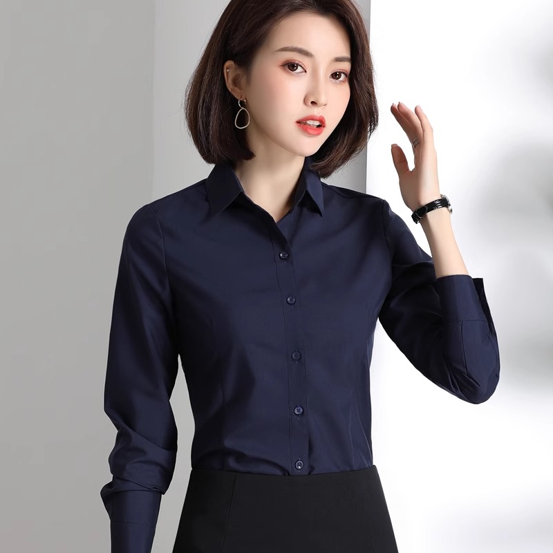 藏青色长袖衬衫女秋冬新款高端职业正装加绒保暖免烫气质女款衬衣