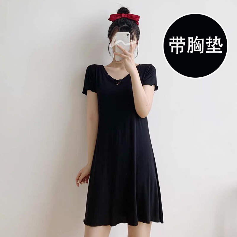 带胸垫莫代尔睡裙女夏季加肥加大码2024年新款宽松中裙家居服睡衣