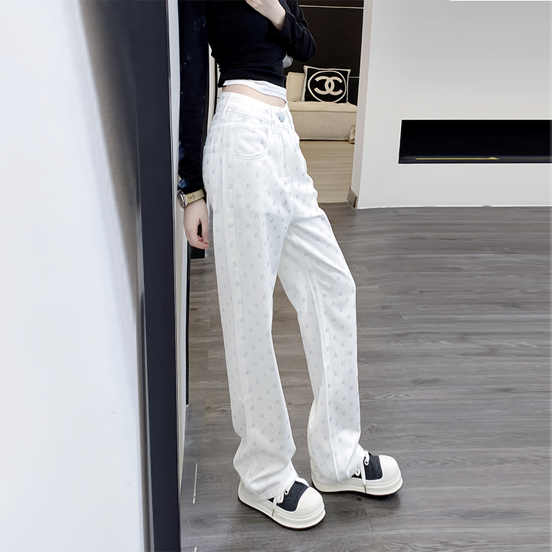 白色阔腿牛仔裤女高腰薄款2024新款爆款宽松显瘦烫钻长裤直筒裤