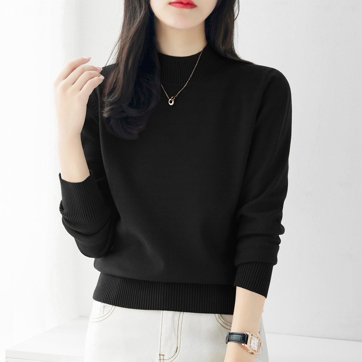 冬季新款黑色半高领毛衣宽松厚款内搭打底上衣百搭长袖针织衫女装