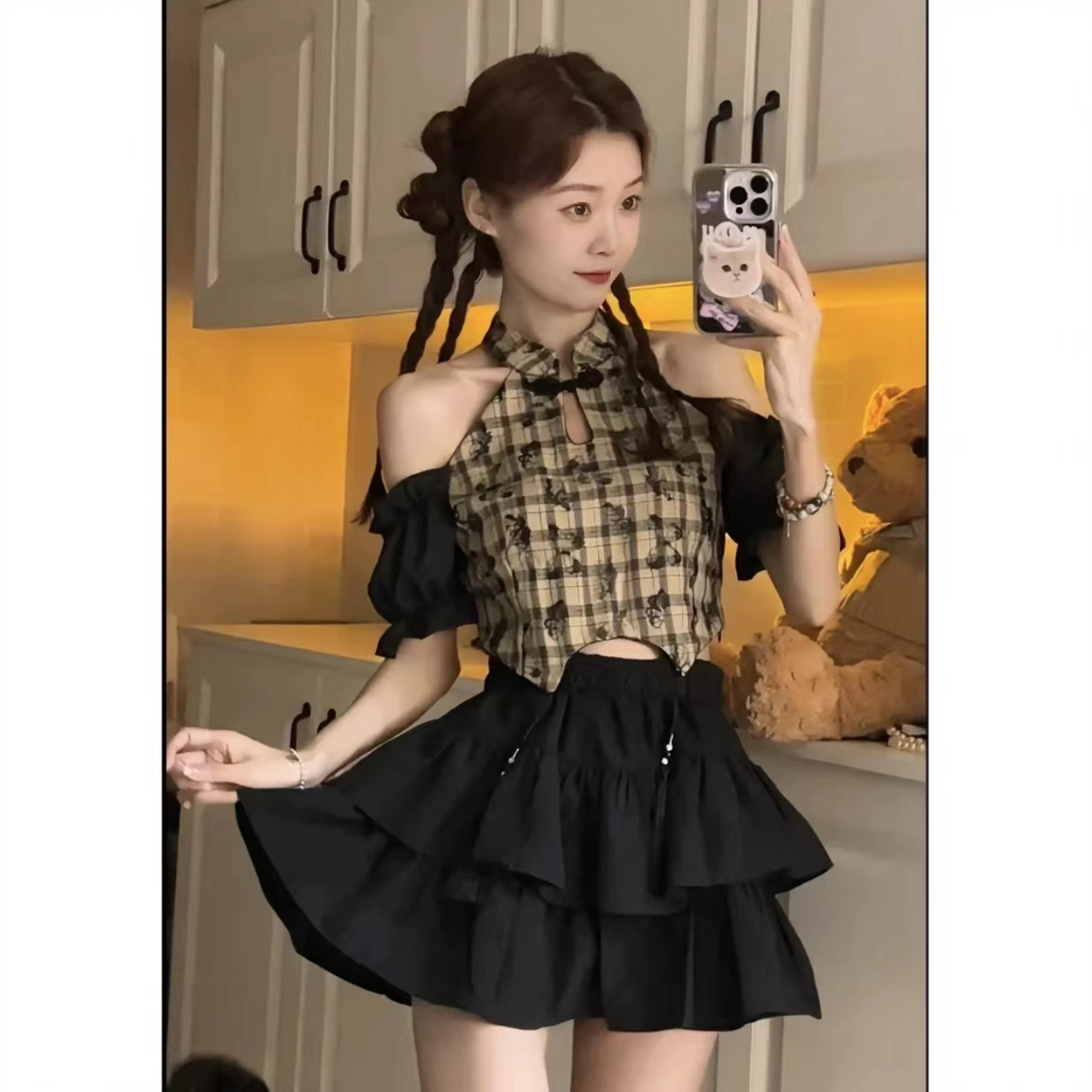 2024新款新中式复古格子衬衫国风镂空流苏上衣高腰蛋糕裙