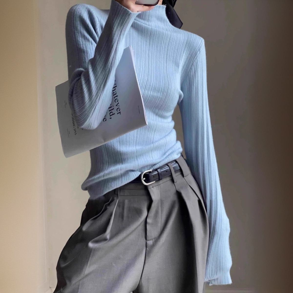 春秋打底半高领针织衫女2025冬新款坑条设计修身内搭毛衣长袖上衣