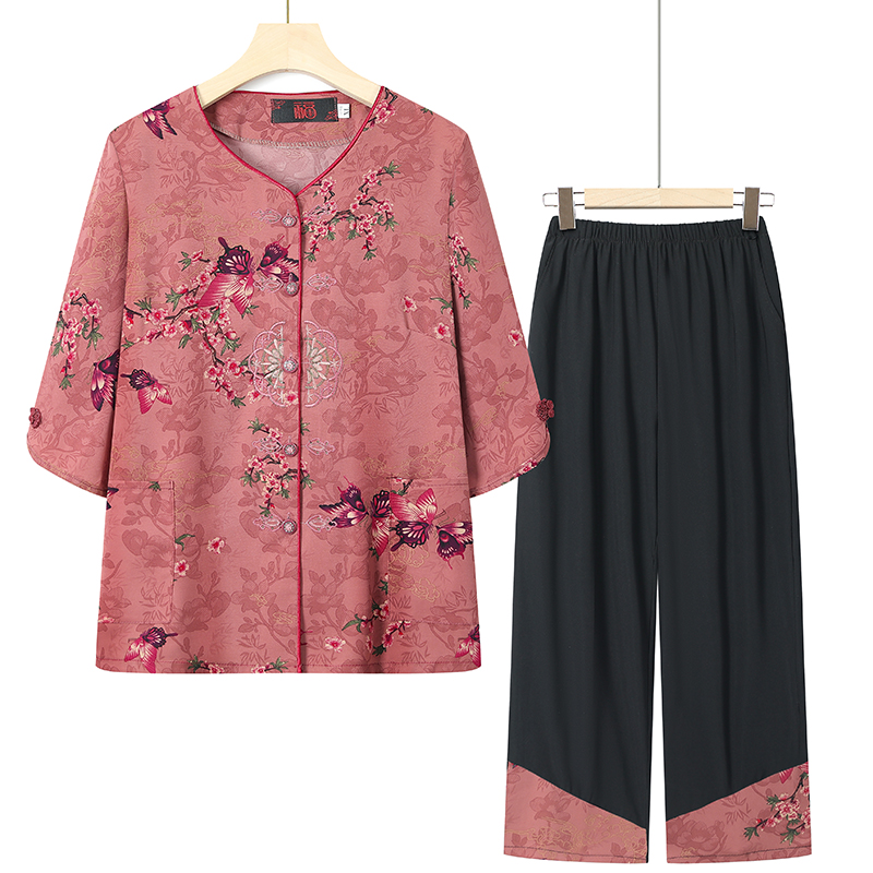 妈妈装夏装套装中老年女装奶奶短袖绣花两件套老太太夏天老人衣服