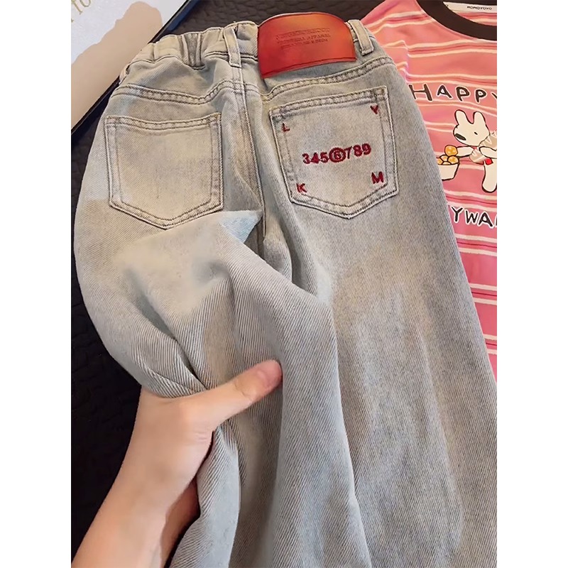 女童加绒裤子秋冬2025新款女大童冬季阔腿裤儿童牛仔裤女孩加绒裤
