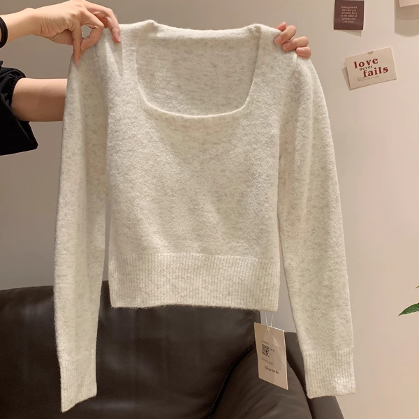 2025秋冬方领露锁骨法式掐腰甜美针织衫修身显瘦短款女上衣A3-17