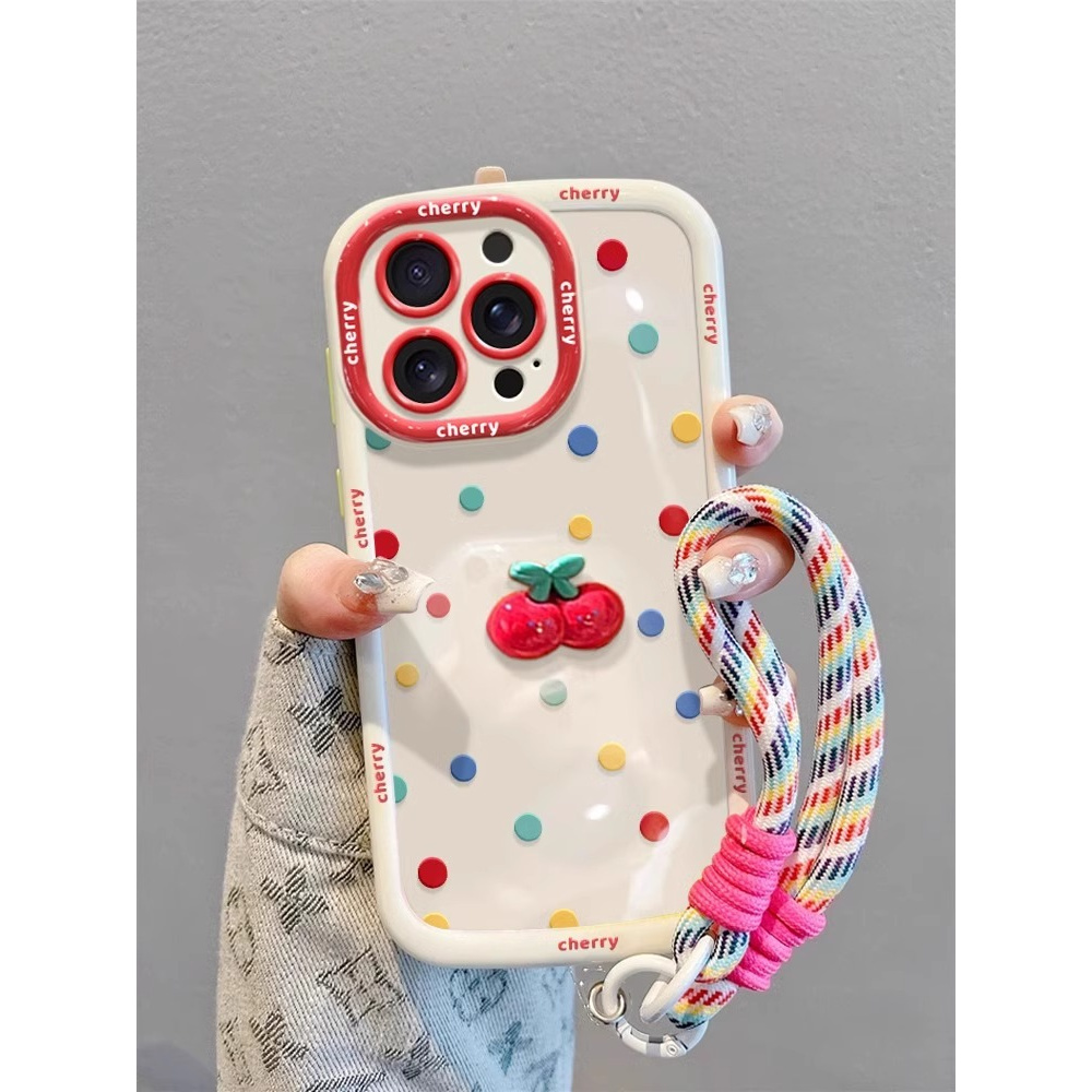 波点立体樱桃适用iPhone13苹果15带挂绳手机壳14promax全包12硅胶