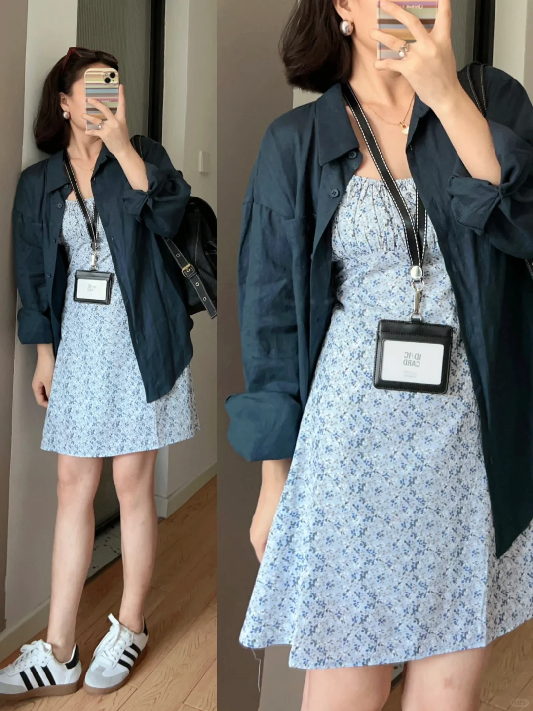 3271秋季韩剧穿搭一整套女小香风藏青色上衣气质显瘦碎花裙两件套