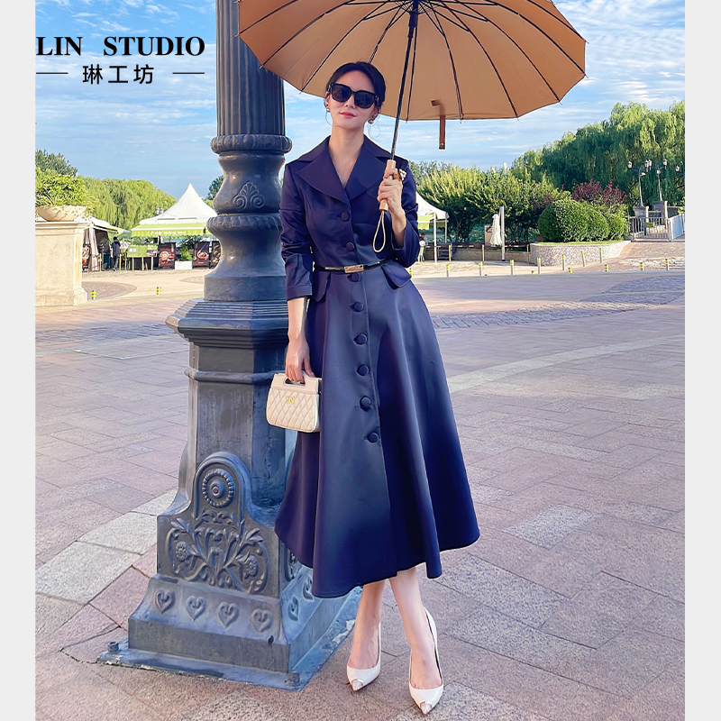 琳工坊凝眸藏蓝风衣连衣裙新款法式优雅通勤老钱风女士唐琳设计师