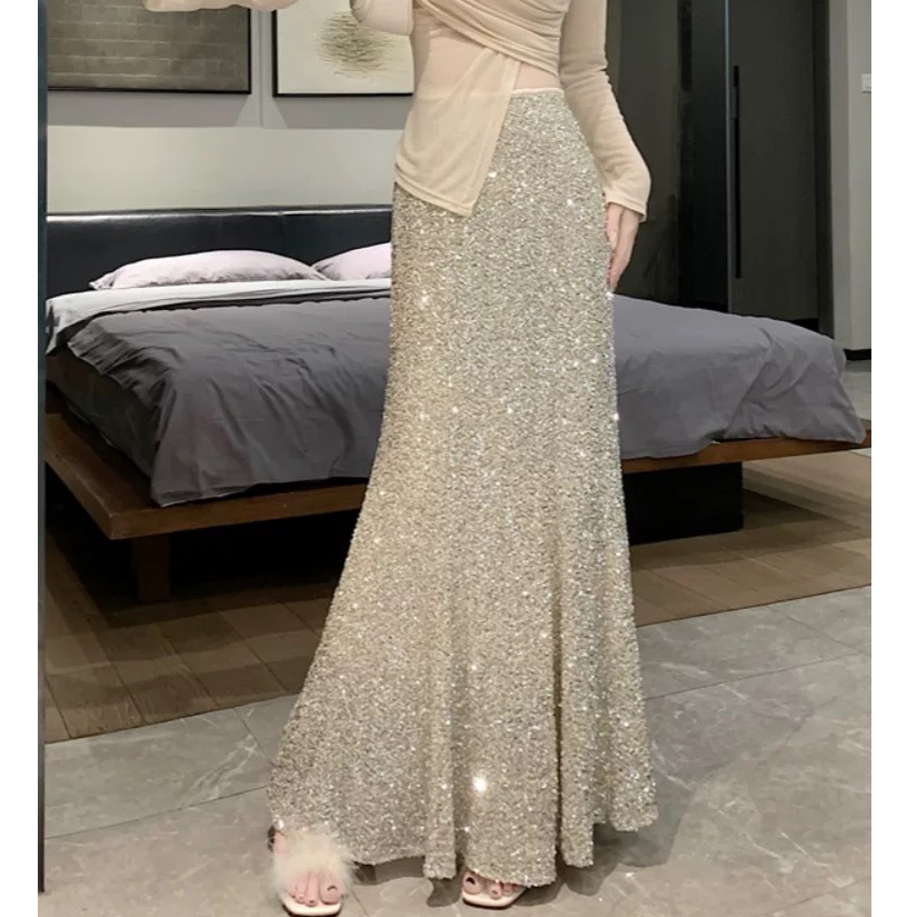 亮闪闪女神气质鱼尾半身裙女秋季垂顺新款高腰显瘦亮片包臀长裙子