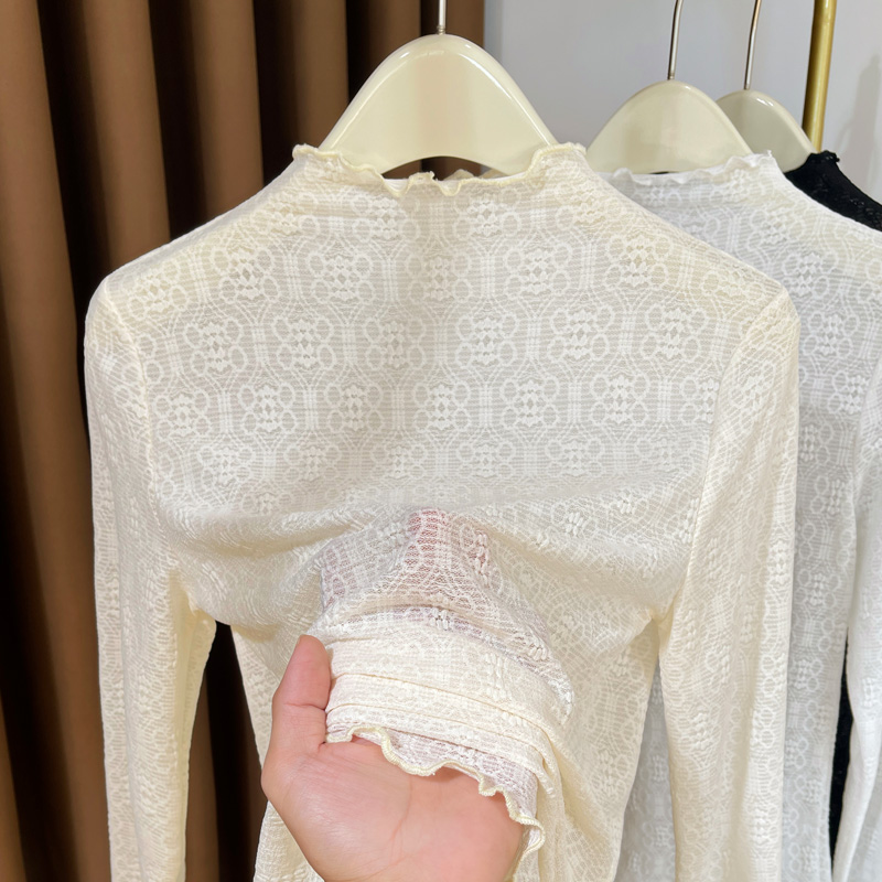 半高领蕾丝内搭小衫女2024新款木耳边高级感网纱打底衫薄款长袖女