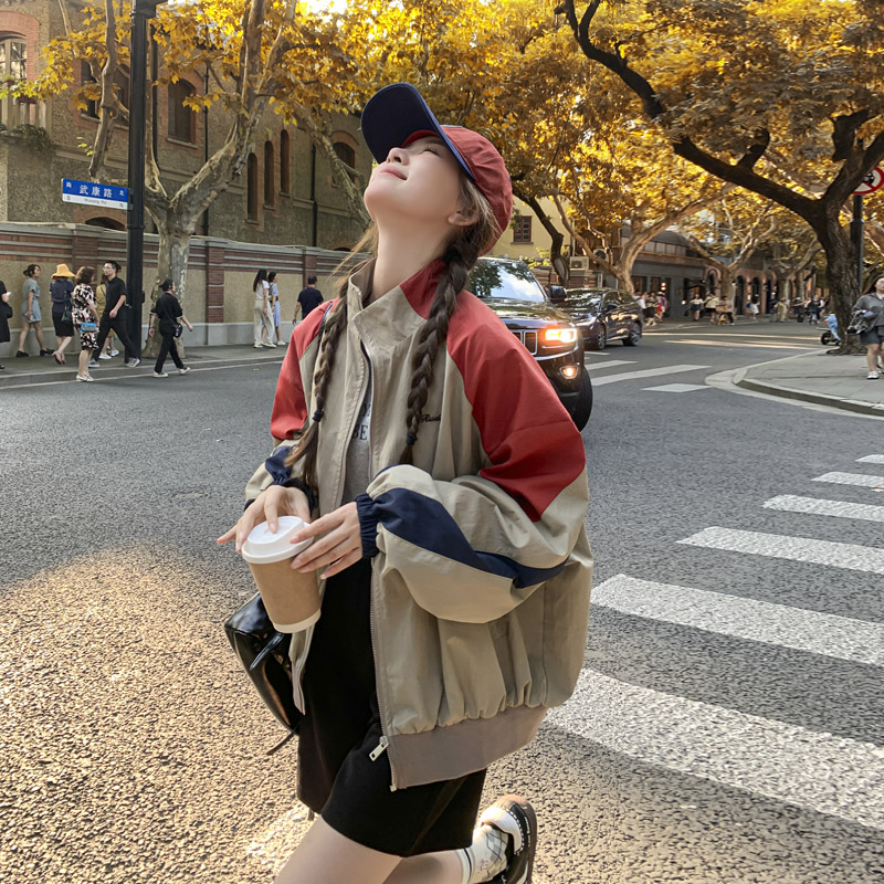 美式棒球外套女短款新款宽松休闲时尚复古撞色夹克2024秋拼接百搭