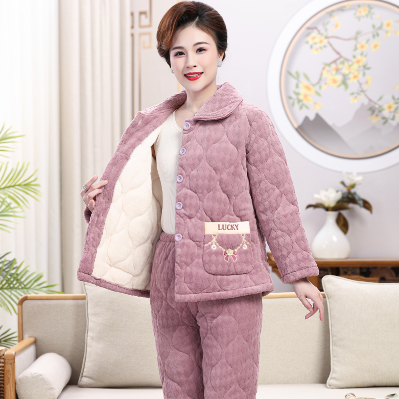 冬季中年妈妈三层加厚加绒珊瑚绒中老年婆婆夹棉睡衣女保暖家居服