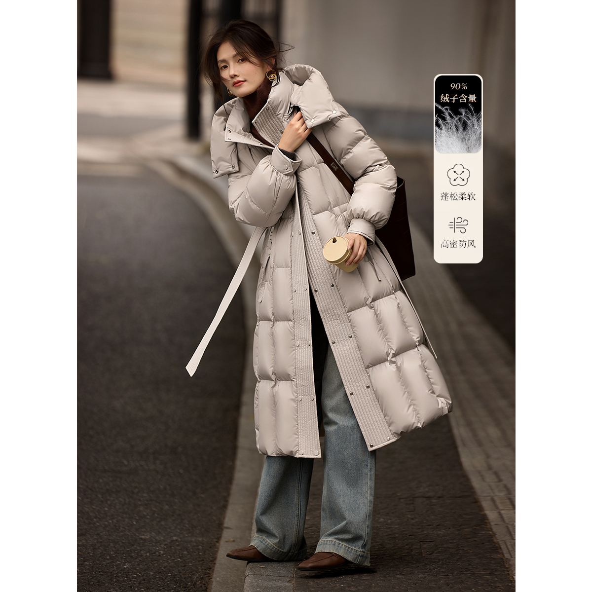 XWI/欣未加厚保暖长款羽绒服25冬带腰带显瘦90绒零下抗寒羽绒服女