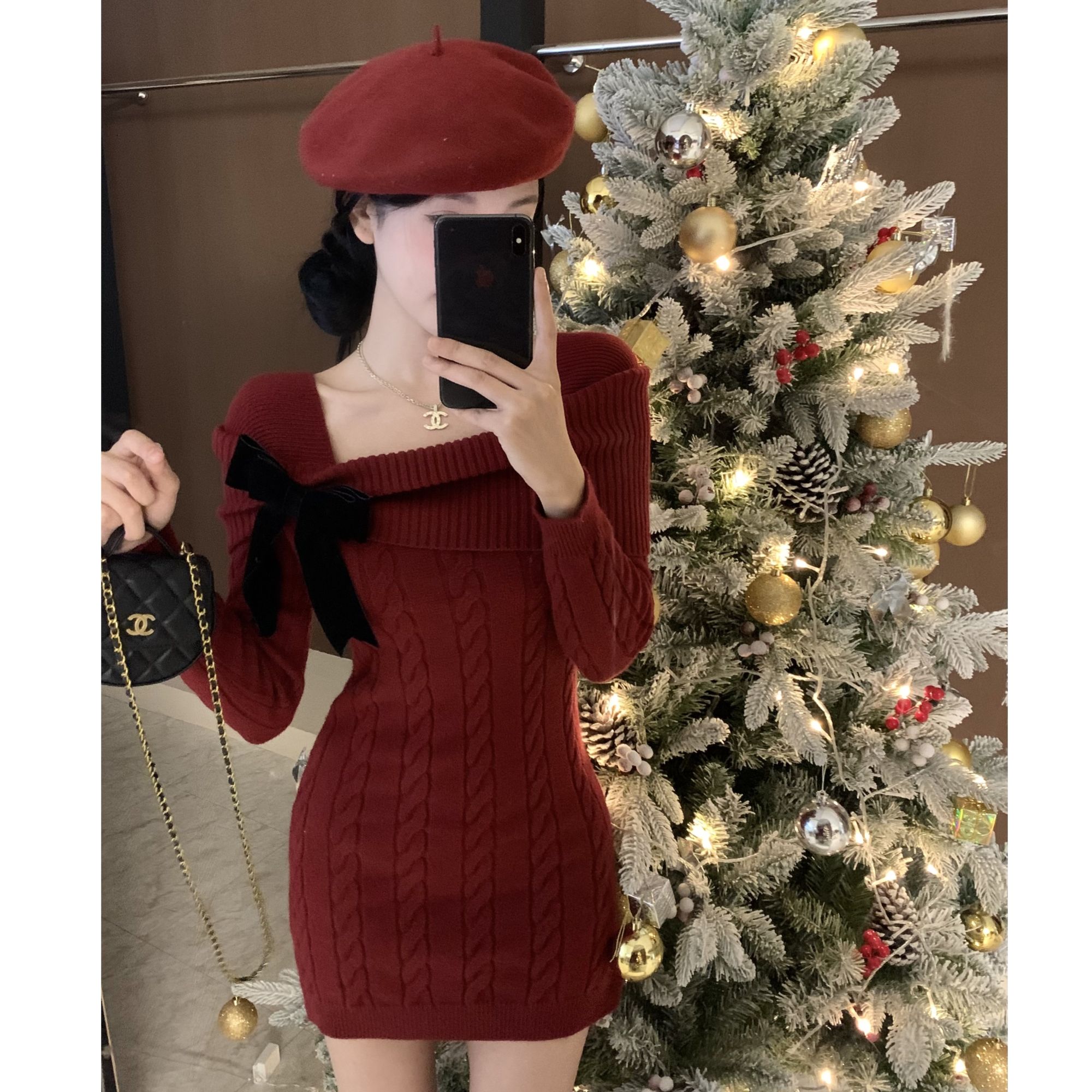 法式甜美蝴蝶结方领长袖针织连衣裙内搭修身显瘦圣诞氛围感女装