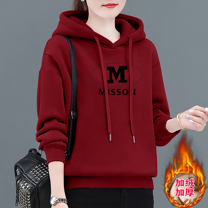 连帽卫衣女士秋冬新款休闲宽松洋气减龄套头加绒加厚印花上衣外套
