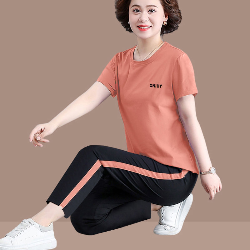 中年女装妈妈夏装运动服套装女士短袖七分裤中老年休闲两件套春秋
