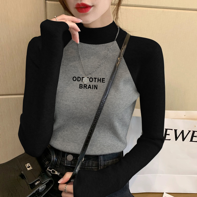 小立领德绒磨毛别致插肩撞色修身打底衫半高领内搭t恤女款长袖