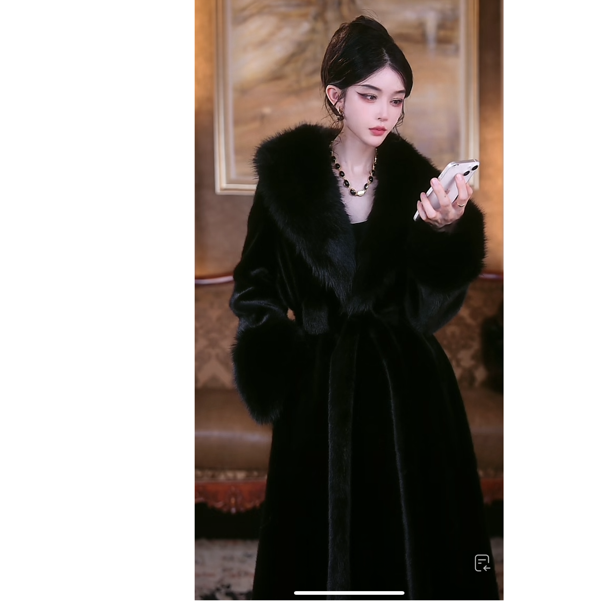法式高奢气质秋冬新款黑色长款"修身显瘦"大毛领毛毛外套