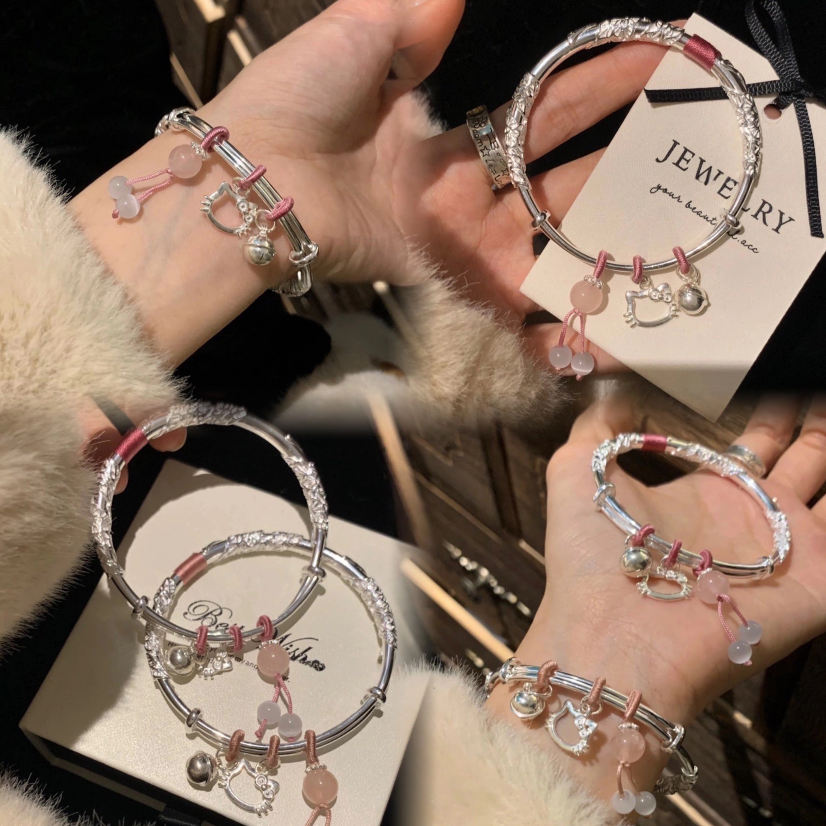 合金手链 珠珠铃铛Kitty猫手镯女简约高级设计感精致时尚百搭手饰