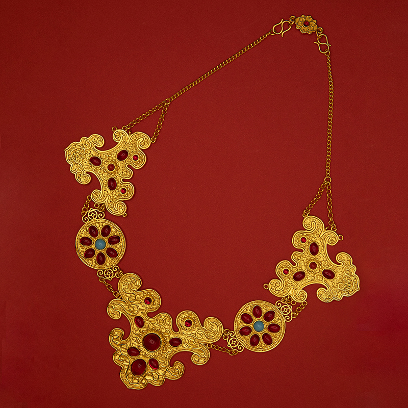 铜合金项链 镀金古法花纹红蓝多宝抹额璎珞项链项圈中国风