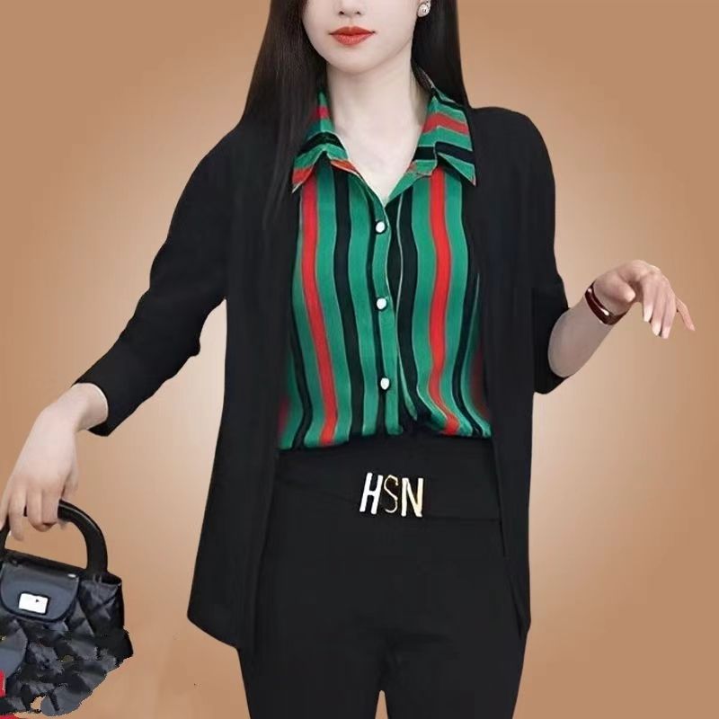 2025秋季假两件气质时尚妈妈装百搭显瘦条纹衬衫女