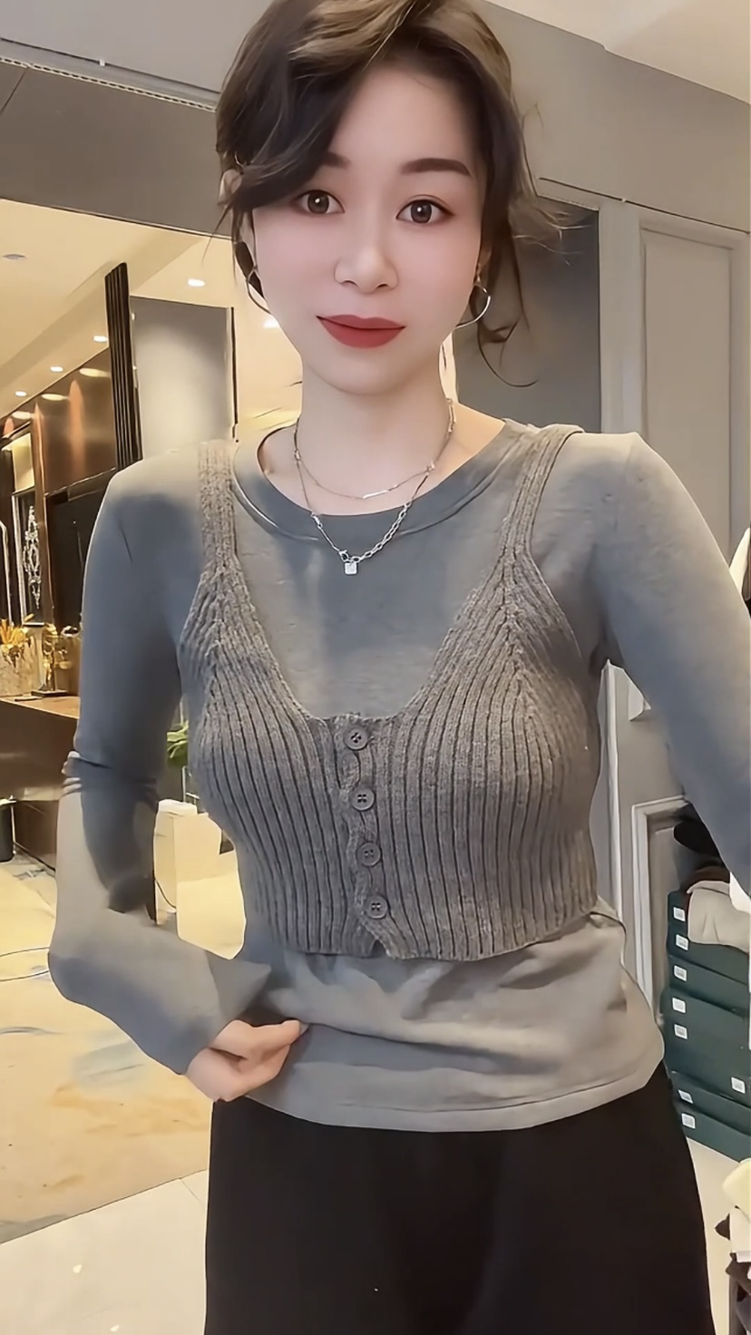 欧货2024新款洋气高级感复古针织吊带马甲+长袖T恤两件套显瘦上衣