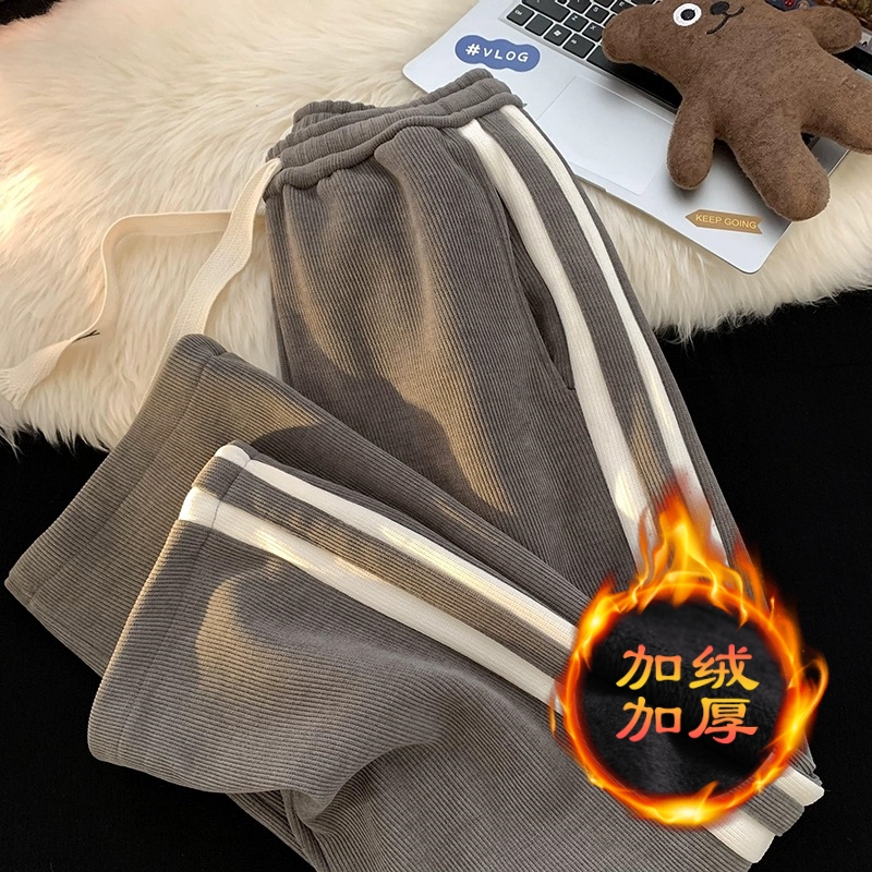 高街潮牌灯芯绒裤子男冬季宽松直筒加绒加厚运动卫裤男生休闲长裤