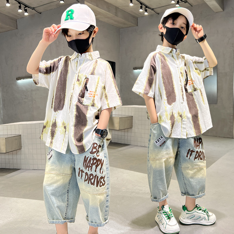 儿童装男竖条纹衬衫套装2025新款夏款男孩夏季中大童薄款酷帅气潮