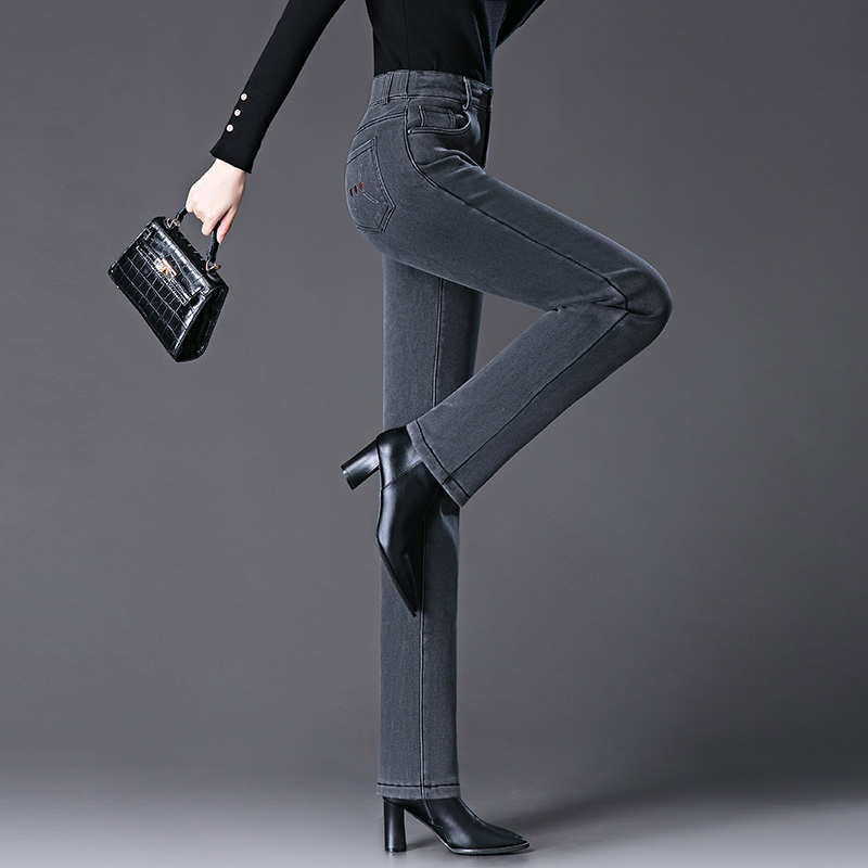 直筒牛仔裤女高腰显瘦弹力修身百搭加绒长裤子秋冬款中年妈妈裤子
